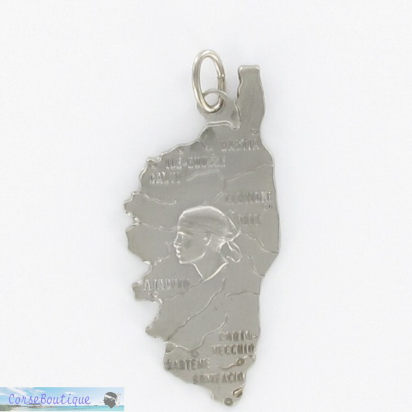Pendentif acier carte corse tête de maure et villes beliere brillante
