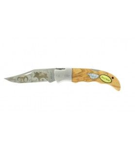   Cuchillo de madera de olivo con hoja grabada A muvra y U cignale 25