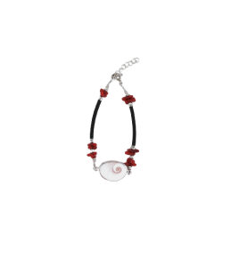   Bracelet cordon caoutchouc avec corail et œil de sainte Lucie de méditerranée serti en argent 33.9